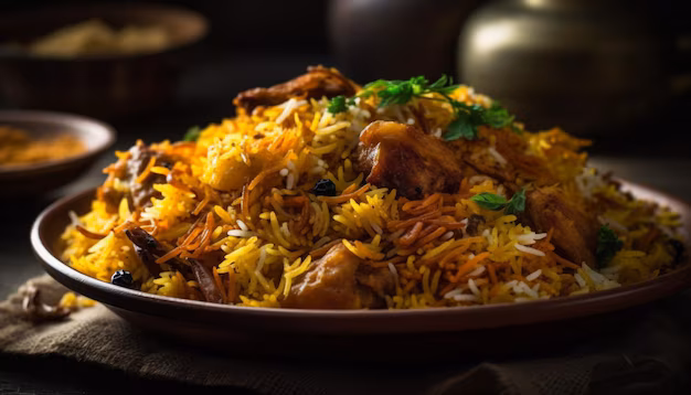 Veg Restaurant Menu 75 gourmet biryani with saffron rice chicken generated by ai 188544 39093